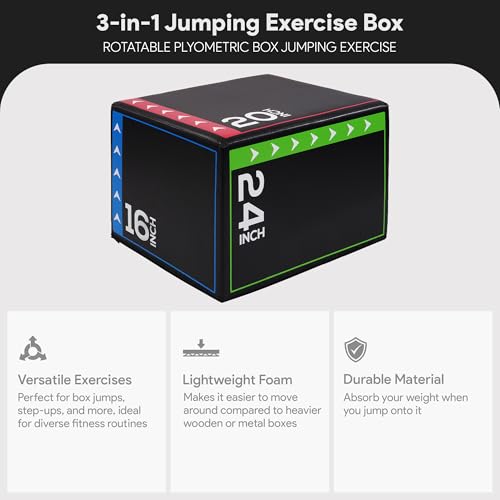 3-in-1 Foam Plyometric Jump Box - 20 x 24 x 16 Inch - Multi-Color