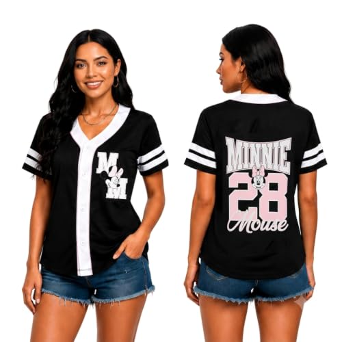 Women's Black Large Minnie Baseball Jersey - Short Sleeve Button Down Graphic Tee