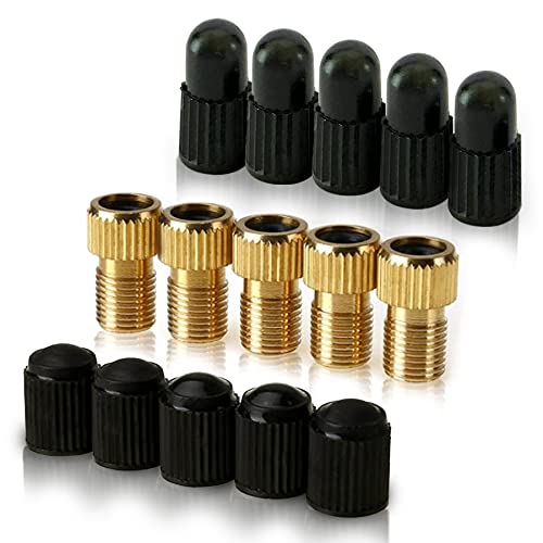 Brass Presta Valve Adaptor - 5 Pack with 10 Caps for Bikes & e-Scooters