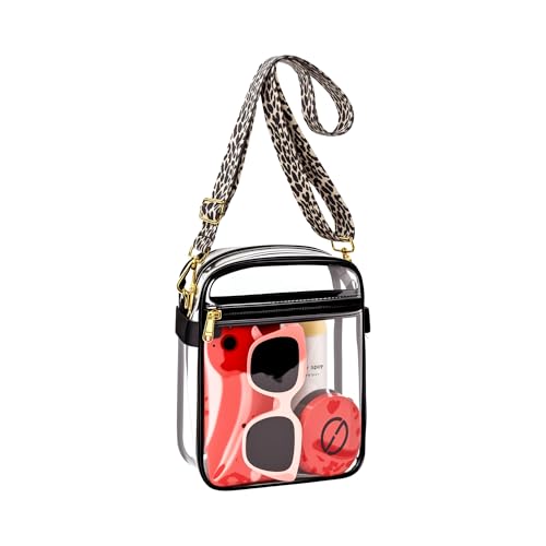 Clear Stadium Bag with Leopard Strap - 8.5x6.8x3 Inches