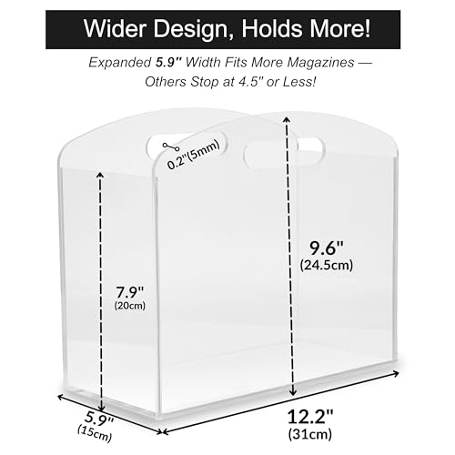 MeiTudo Ultra Clear Magazine Rack - Clear Acrylic Holder with Handles, 12.2 x 5.9 x 9.6 in, Modern Lucite Organizer for Bathroom, Bedroom & Office