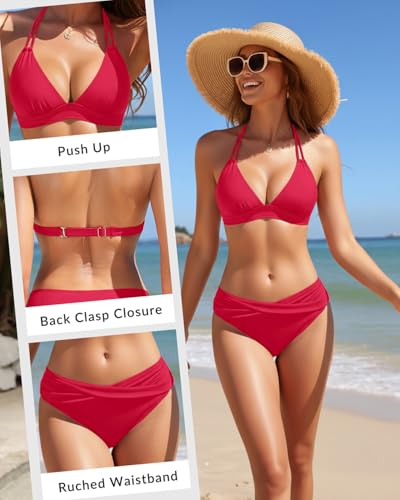 Yonique Women's Red Medium Bikini Set with Halter & Criss Cross Design