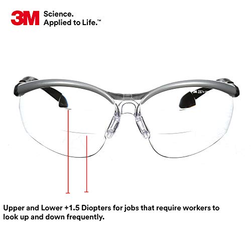 3M Safety Glasses, BX Dual Readers, +1.5, ANSI Z87, Anti-Fog Clear Lens, Gray/Black Frame, Adjustable Length Temples and Lens Angle