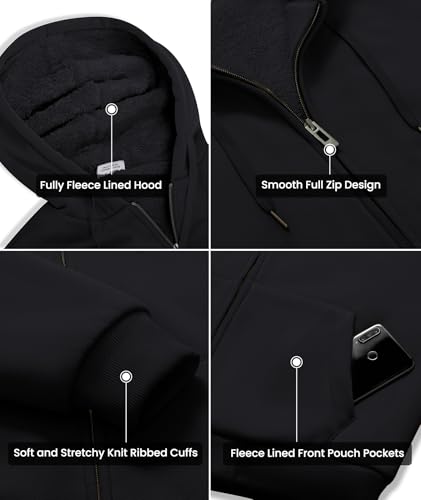 GEEK LIGHTING Men's Heavyweight Fleece Hoodie with Sherpa Lining, Full Zip, Large, All Black