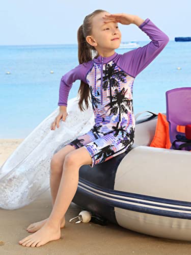 Girls UPF 50+ Long Sleeve Rash Guard Zip Swimsuit One Piece 3-14Y