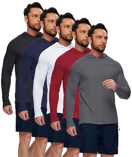 Men's UV UPF 50+ Sun Protection Hoodies 5-Pack - Long Sleeve Rash Guard Shirts, Lightweight Fishing & Swimwear