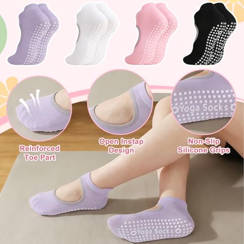 Non-Slip Yoga Socks for Women - Pilates Grip Socks - 4 Pack Pink White Black