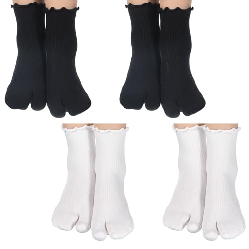 Tabi Socks White/Black, 4 Pairs Cotton Split-Toe Socks for Women & Men