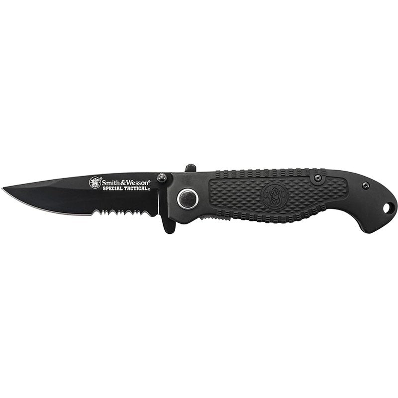 Smith & Wesson Special Tactical CKTACBSD 8.1in High Carbon S.S. Folding Knife with a 3.5in Drop Point Blade and ABS Handle for Outdoor, Survival and EDC,Black