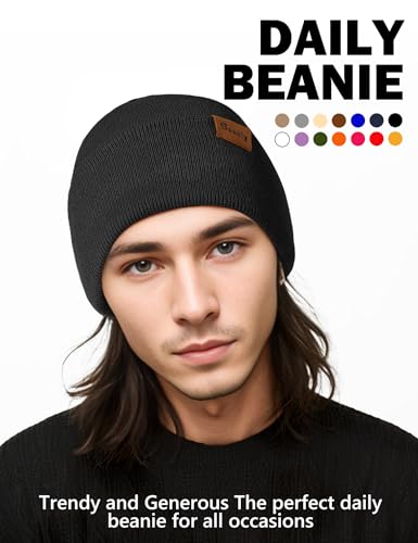 Knit Winter Beanie Hat for Men & Women - Warm Striped Cuffed - Black & Grey
