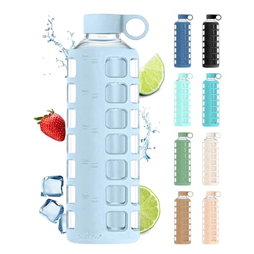 Purifyou 40oz Borosilicate Glass Water Bottle with Time & Volume Markers, Silicone Sleeve & Steel Lid - Ice Blue 1 Count