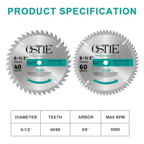 6-1/2 Inch Circular Saw Blade 40-Tooth & 60-Tooth, 5/8 Inch Arbor, Alternate Top Bevel Saw Blades for Cutting Wood, 2 Pack