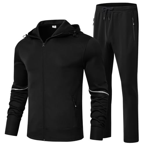 BGOWATU Men's Black Large Full Zip Hoodie Tracksuit Set with Pockets