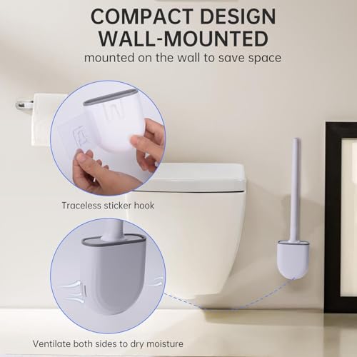 Silicone Toilet Brush with Holder - Drill-Free Wall Mount - Green