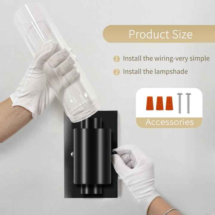 Bathroom Wall Sconces Set of Two Black , 21" Modern 2-Light Vanity Light Tube Wall Sconce, Clear Glass Indoor Hardwired Mounted Lamps for Living Room,Bedroom,Hallway-Black Clear (Bulb Not Included)