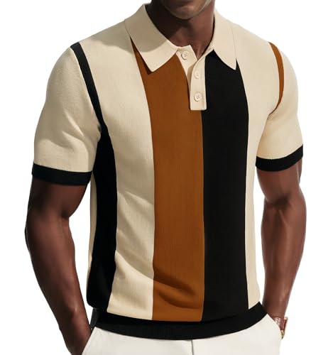 Mens Knit Polo Shirt Large Apricot Vintage Striped Short Sleeve Casual Top