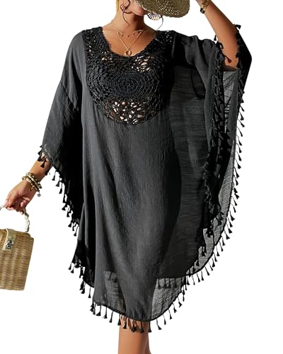 Women's Crochet Chiffon Swimsuit Coverup Dress - Black