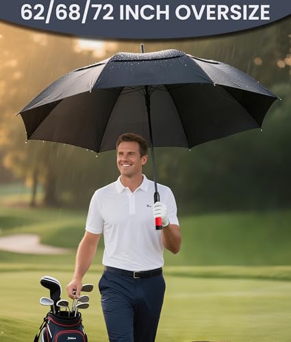 Large Windproof Waterproof Golf Umbrella - 62 Inch Black-Red Handle