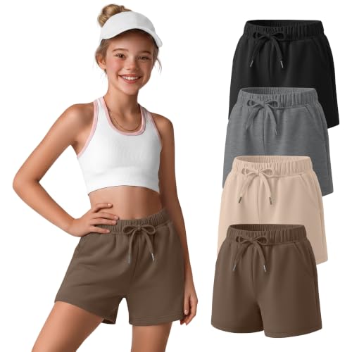 Girls Athletic Shorts 4-Pack - Black, Gray, Khaki, Apricot - 13-14 Years