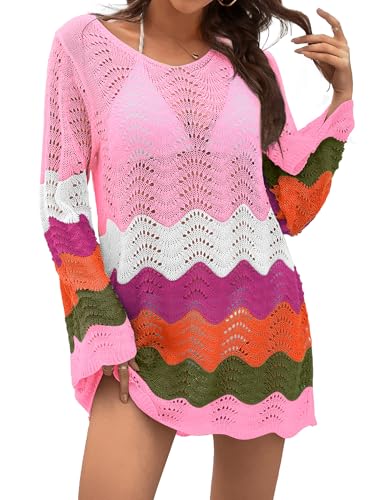 Crochet Swimsuit Cover Up - Long Sleeve Pink, Small