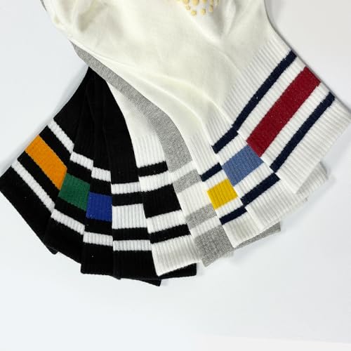Yoga Socks for Women - 3 Pairs Non-Slip Crew Grip - White with Red, Yellow & Blue Stripes