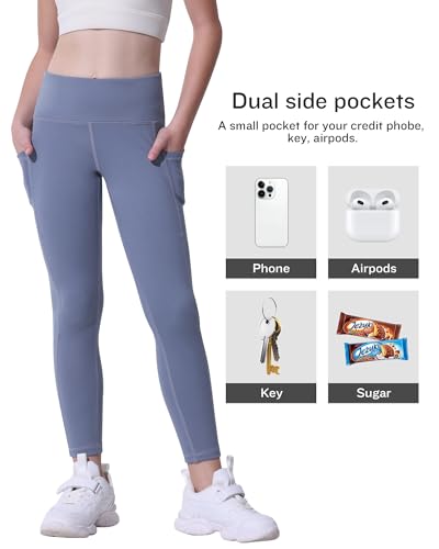 CHRLEISURE Girls' Active Leggings with Pockets - 5 Pack Kids Teen Dance & Yoga Pants, 12-13 Years (Black/Gray/Lilac Pink/Navy/Steel Blue)
