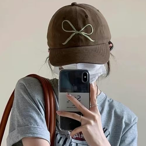 Distressed Baseball Cap with Bow - Dark Brown Ponytail Hat for Women