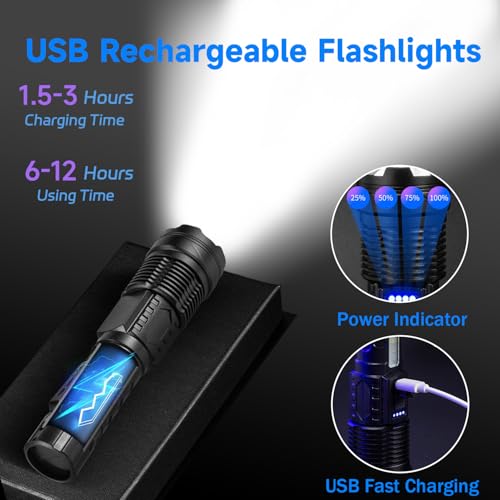 Rechargeable LED Flashlight 2 Pack,90000 High Lumens Tactical Flashlights with 7 Modes,Waterproof Zoomable Handheld Flash Light with COB Work Light for Emergencies,Camping,Home