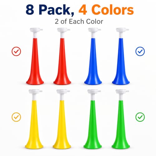 8 Pack Stadium Horns Noisemakers - Plastic Cheer Trumpets