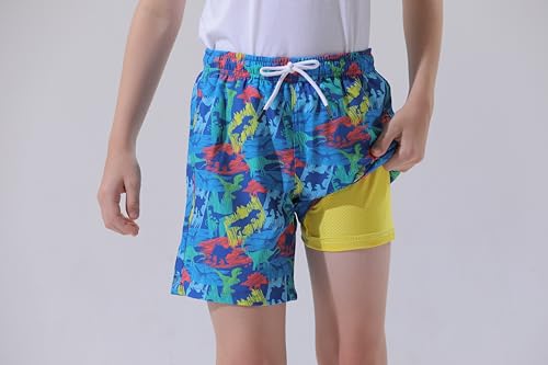 MILANKERR Toddler Boys Blue Dinosaur Swim Trunks with Compression Air Holes & Quick Dry Liner - Size 8