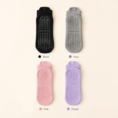 Non-Slip Grip Socks for Women - Pilates, Yoga, Barre - Black/Gray/Pink/Purple