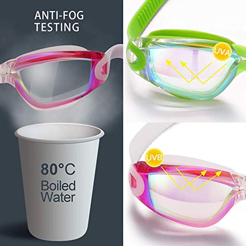 Swim Goggles - 2 Pack Mirrored Swimming Goggles - Green/Rose Red