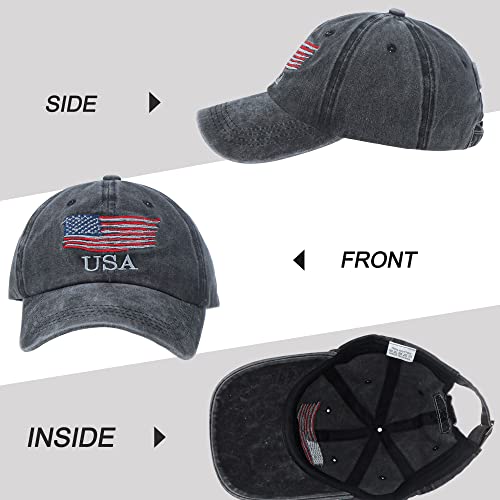 American Flag Baseball Cap - Distressed Adjustable Hat - One Size Black