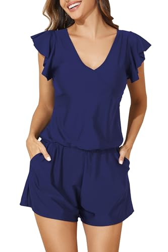 Smismivo Navy Blue Swim Romper with Built-in Bra & Pockets - Large