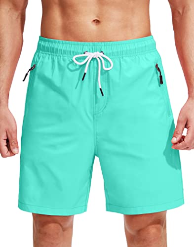 Viodia Men's 7 Inch Quick Dry Cyan Swim Trunks with Pockets - Large