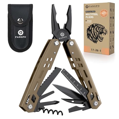Fangfo 17-in-1 Stainless Steel Multitool with Pocket Knife, Pliers & Bottle Opener - Brown