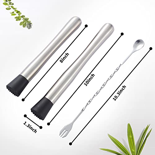 Stainless Steel Cocktail Muddler Set - 10 & 8 Inch with Mixing Spoons