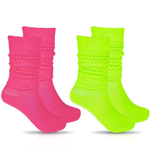Slouch Socks for Women - 80s Neon Scrunch Socks - Fluorescent Green & Rose Red