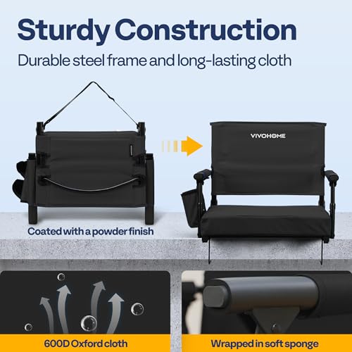 Portable Stadium Seat with Back Support & Cushion - Black