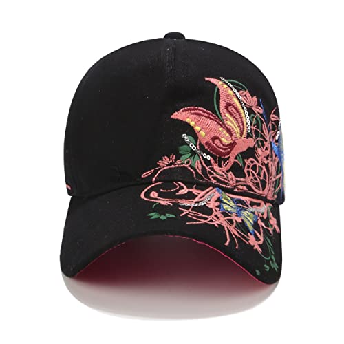 Women’s Adjustable Embroidery Butterfly Baseball Cap with Flower Print - Black, One Size