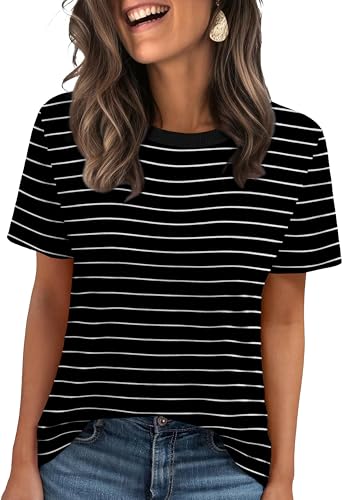 Jescakoo Womens Tops Summer Short Sleeve Ribbed Trim Crewneck T