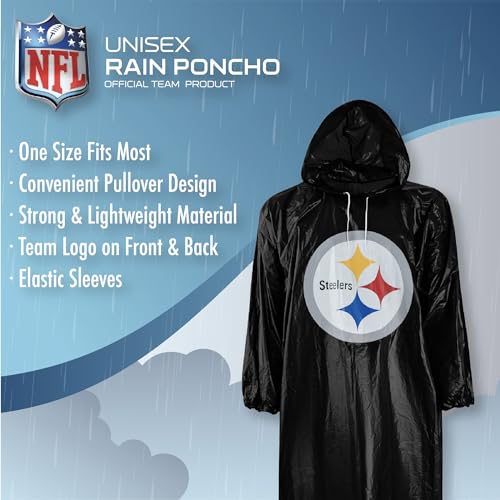 NFL Waterproof Rain Poncho - Pittsburgh Steelers, Elastic Sleeves & Hood
