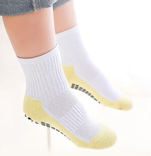 Kids Soccer Grip Socks - Anti Slip Athletic Crew Socks, 6 Pairs, 4-8 Years, White