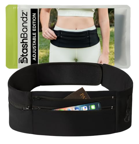 StashBandz Medium Running & Travel Belt with 3 Zipper Pockets & Water Bottle Holder