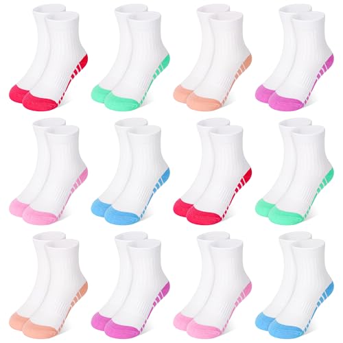 Kids Girls Crew Athletic Socks 12 Pairs - White, Size 5-7 Years - LAETBBE