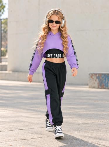 Hilinker Girls 3-Piece Outfit Set: Crop Hoodie, Tank & Sweatpants | Purple-Black, 11-12Y