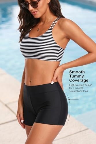 Women's 3 Piece Tankini Swimsuit with Tummy Control - Large Green Black Striped