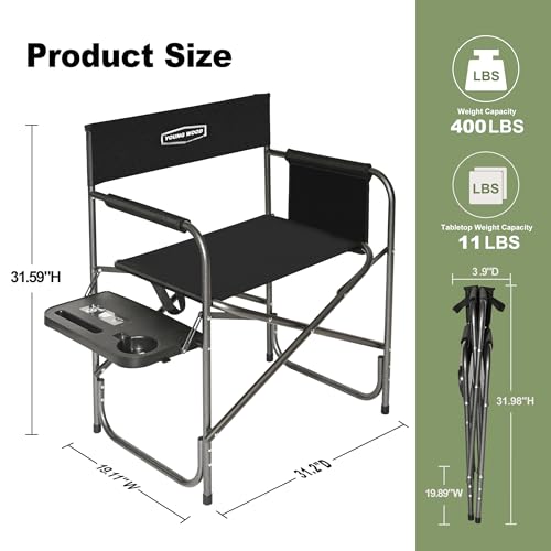 YOUNG WOOD IP Camping Directors Chair with Side Table & Storage - Lightweight Foldable Outdoor Chair Supports 400lbs, Black