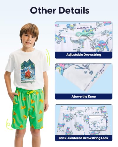 Boys Swim Trunks with Compression Liner - White Dinosaur, 14-16 Years