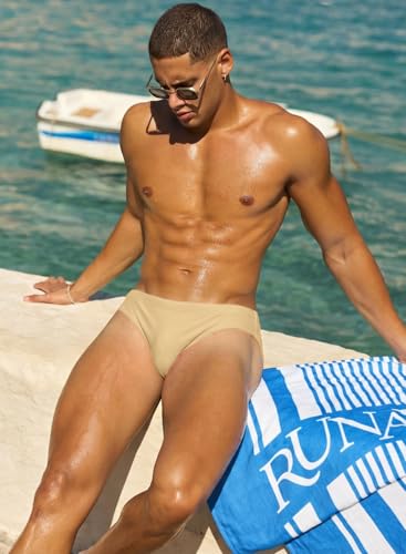 MIZOK Men's Solid Low Rise Swim Briefs - Sand, Large Men’s Swimsuit